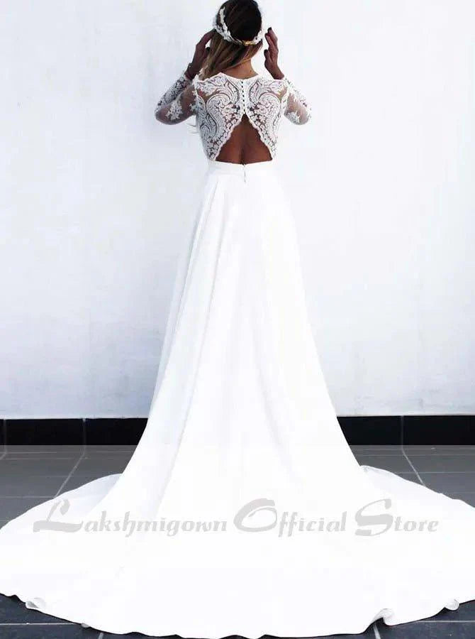 NumberSea Long White Lace A-line Wedding Dresses Bridal Gowns with see-through long sleeves vestido de noiva real photos