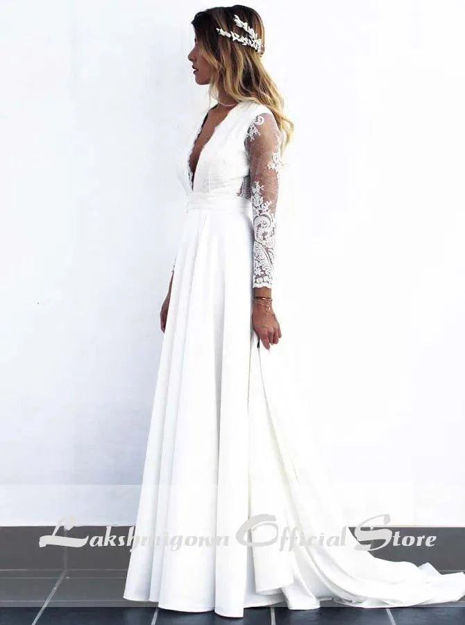 NumberSea Long White Lace A-line Wedding Dresses Bridal Gowns with see-through long sleeves vestido de noiva real photos