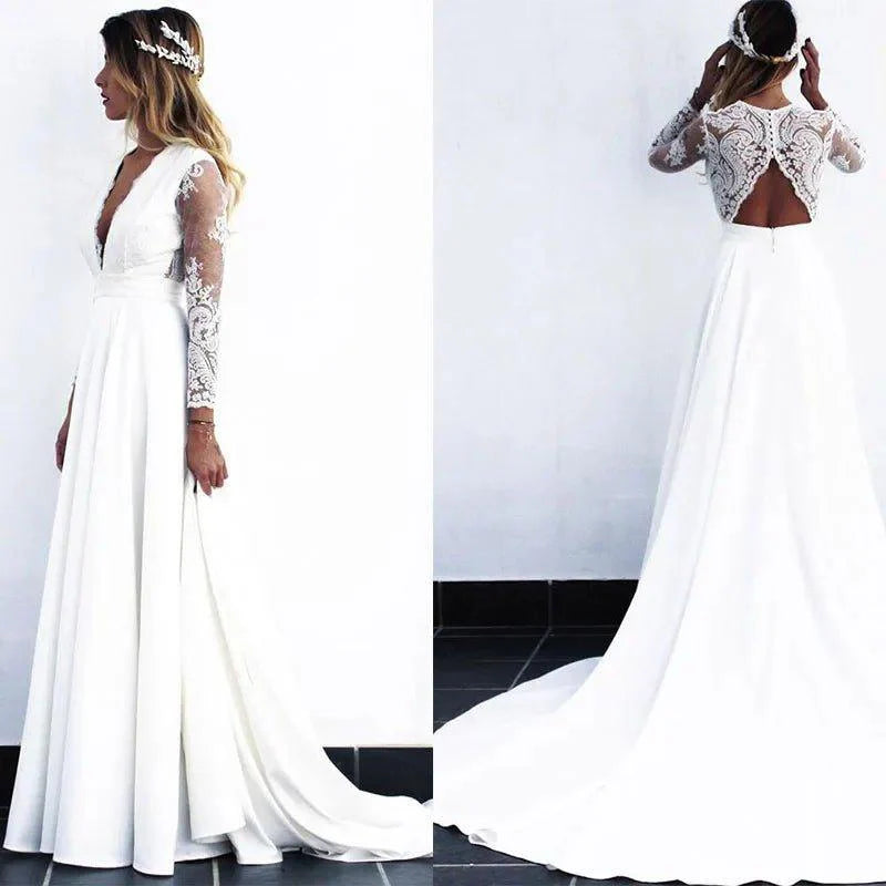 NumberSea Long White Lace A-line Wedding Dresses Bridal Gowns with see-through long sleeves vestido de noiva real photos