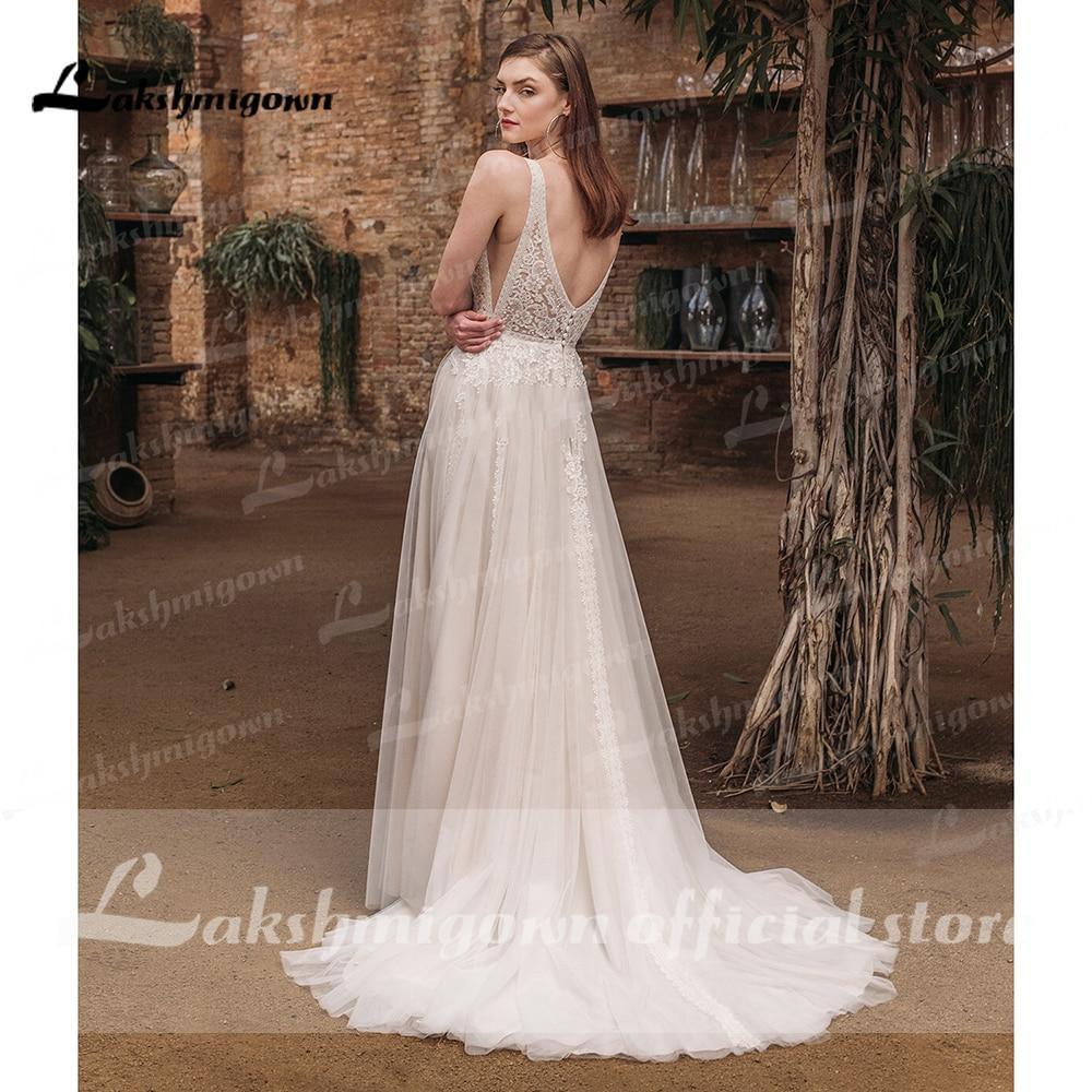 NumberSea  Beach Boho Deep V Neck Sleeveless Sexy High Split Lace Wedding Dresses