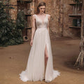 NumberSea  Beach Boho Deep V Neck Sleeveless Sexy High Split Lace Wedding Dresses