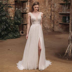 NumberSea  Beach Boho Deep V Neck Sleeveless Sexy High Split Lace Wedding Dresses