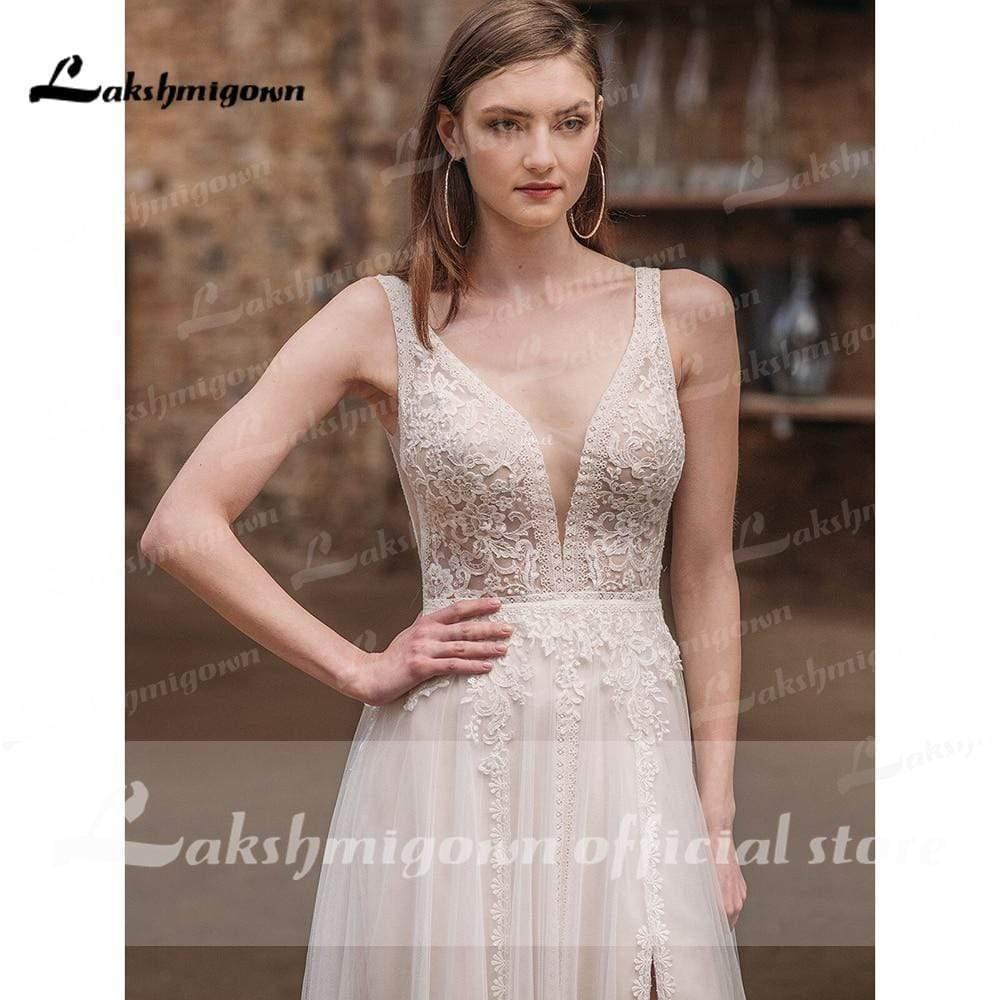 NumberSea  Beach Boho Deep V Neck Sleeveless Sexy High Split Lace Wedding Dresses