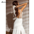 NumberSea  Bohemian Wedding Dresses Charming Lace Mermadi Bridal Gown V Neck Sweep Train Wedding Dresses Satin Bridal Dress