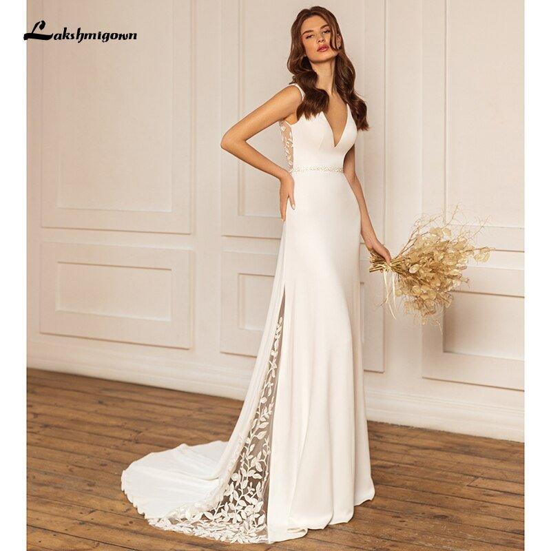 NumberSea  Bohemian Wedding Dresses Charming Lace Mermadi Bridal Gown V Neck Sweep Train Wedding Dresses Satin Bridal Dress