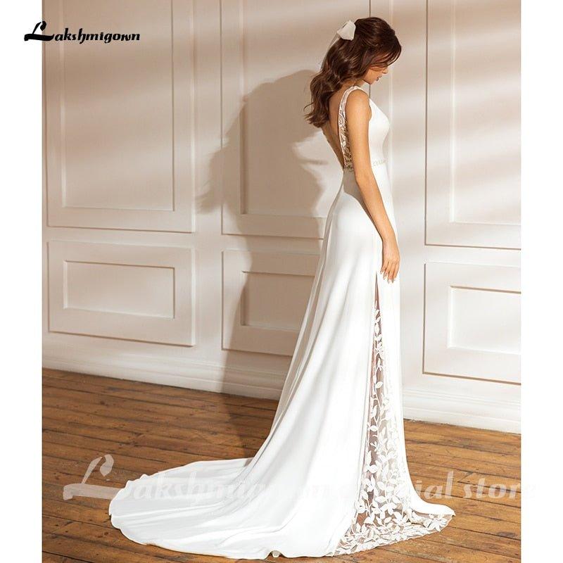 NumberSea  Bohemian Wedding Dresses Charming Lace Mermadi Bridal Gown V Neck Sweep Train Wedding Dresses Satin Bridal Dress