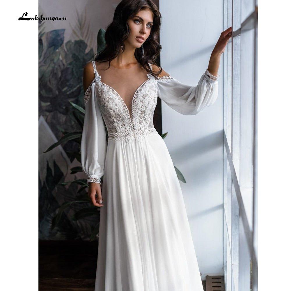 NumberSea  Long Sleeve Off Shoulder Spaghetti Straps Deep V Neck Wedding Dresses Lace Chiffon Bohemian stylerobe de mariée fille