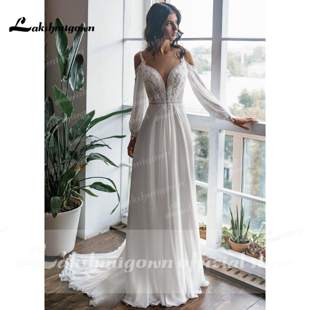 NumberSea  Long Sleeve Off Shoulder Spaghetti Straps Deep V Neck Wedding Dresses Lace Chiffon Bohemian stylerobe de mariée fille