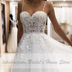 NumberSea  Trouwjurk Sexy A Line Wedding Dress Spaghetti Straps Vintage Lace Applique Beaded Off White Tulle Mariage Long Bridal Dress
