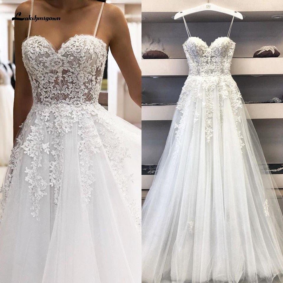 NumberSea  Trouwjurk Sexy A Line Wedding Dress Spaghetti Straps Vintage Lace Applique Beaded Off White Tulle Mariage Long Bridal Dress
