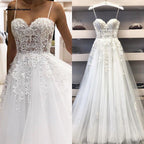 NumberSea  Trouwjurk Sexy A Line Wedding Dress Spaghetti Straps Vintage Lace Applique Beaded Off White Tulle Mariage Long Bridal Dress