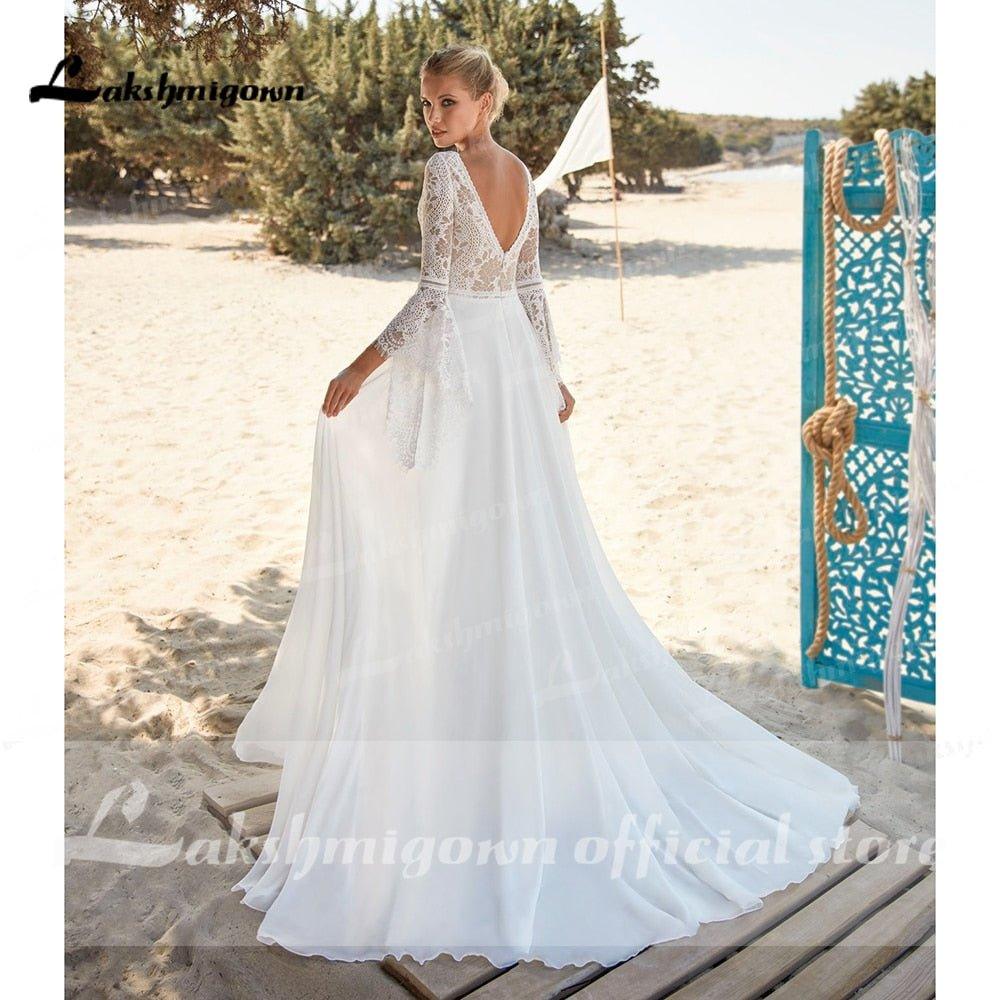 NumberSea  V Neck Lace Chiffon Bohemia Style Backless V Shape Back Wedding Dresses Flare Sleeve A Line Boho vestido para boda playa