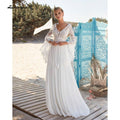 NumberSea  V Neck Lace Chiffon Bohemia Style Backless V Shape Back Wedding Dresses Flare Sleeve A Line Boho vestido para boda playa