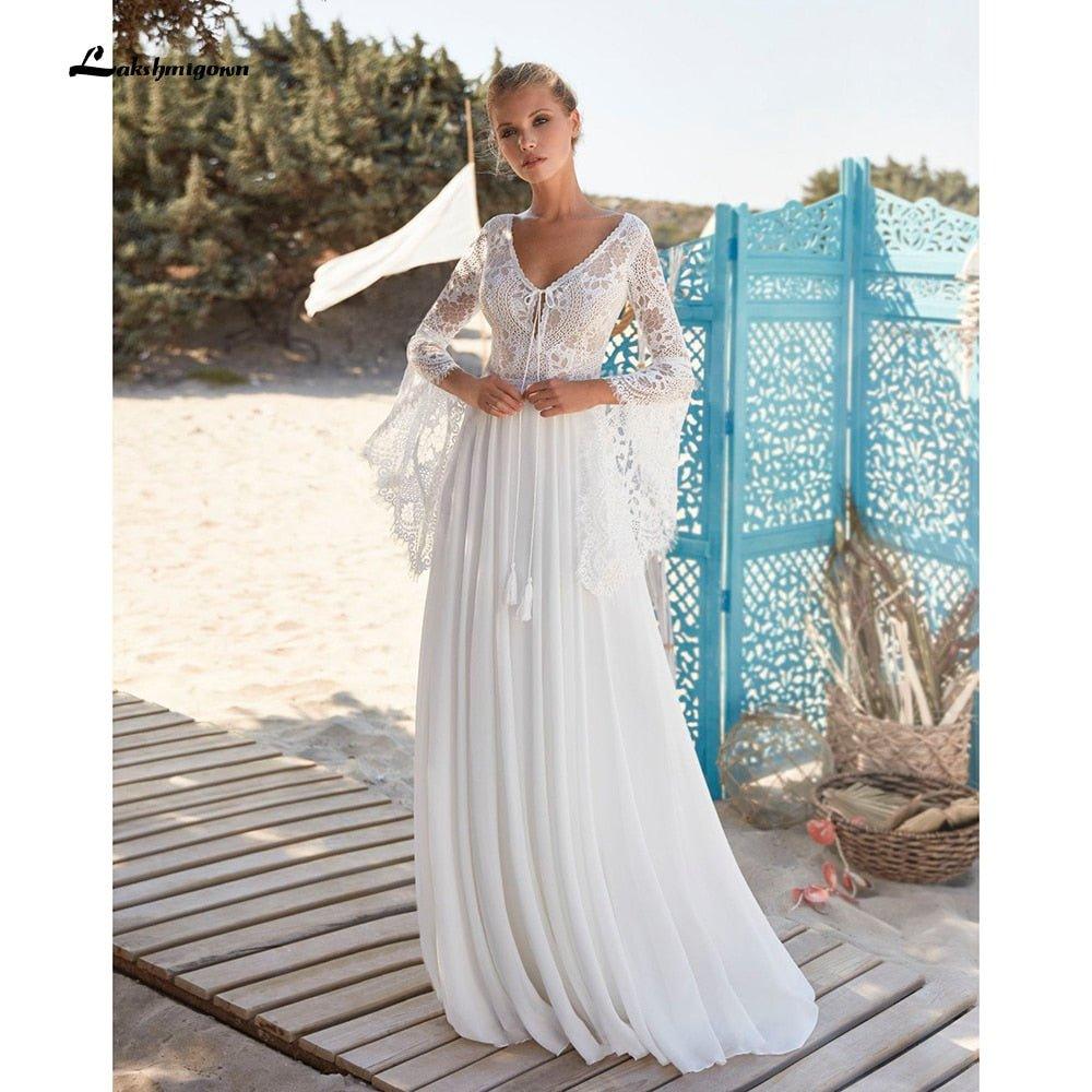 NumberSea  V Neck Lace Chiffon Bohemia Style Backless V Shape Back Wedding Dresses Flare Sleeve A Line Boho vestido para boda playa