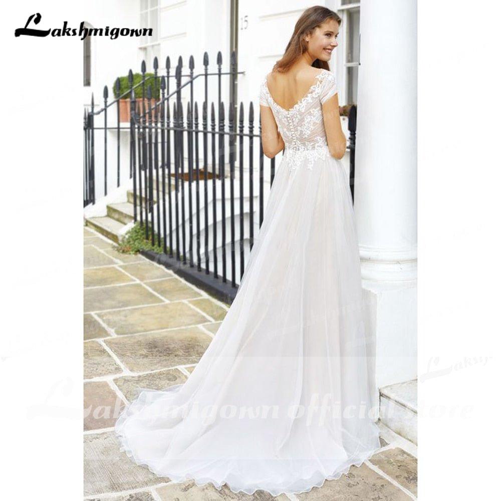 NumberSea Vintage Newest V Neck Short Sleeve Lace Wedding Dress V Shape Back A Line Beach vistidos de festa de casamento lakshmigown