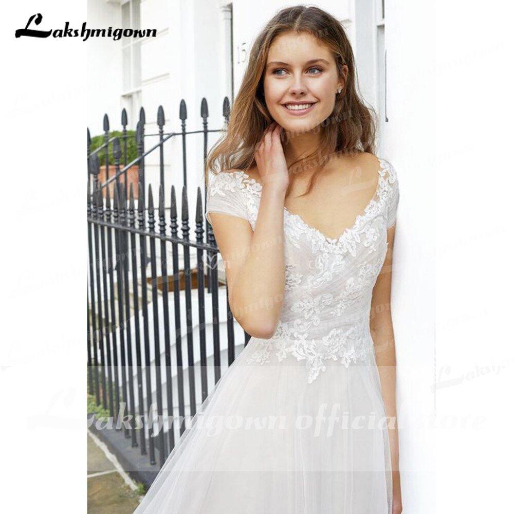 NumberSea Vintage Newest V Neck Short Sleeve Lace Wedding Dress V Shape Back A Line Beach vistidos de festa de casamento lakshmigown