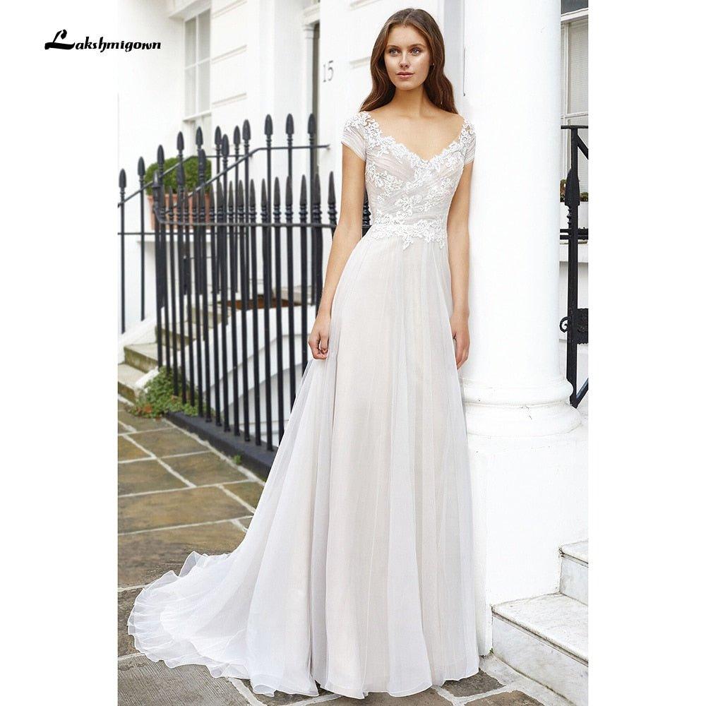 NumberSea Vintage Newest V Neck Short Sleeve Lace Wedding Dress V Shape Back A Line Beach vistidos de festa de casamento lakshmigown