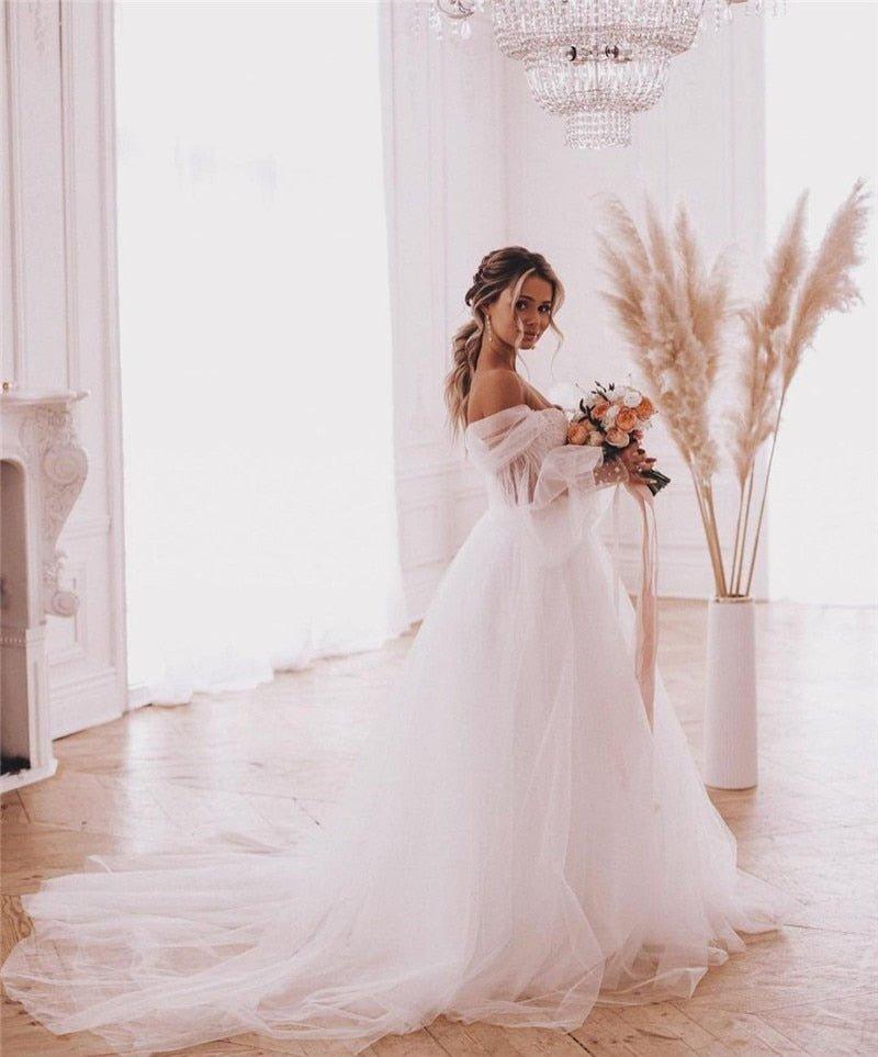 NumberSea Boho Wedding Dresses Detachable Long Puff Sleeve Bride Dress Vintage Lace Beach Wedding Gowns Plus Size Corset Back Sweet