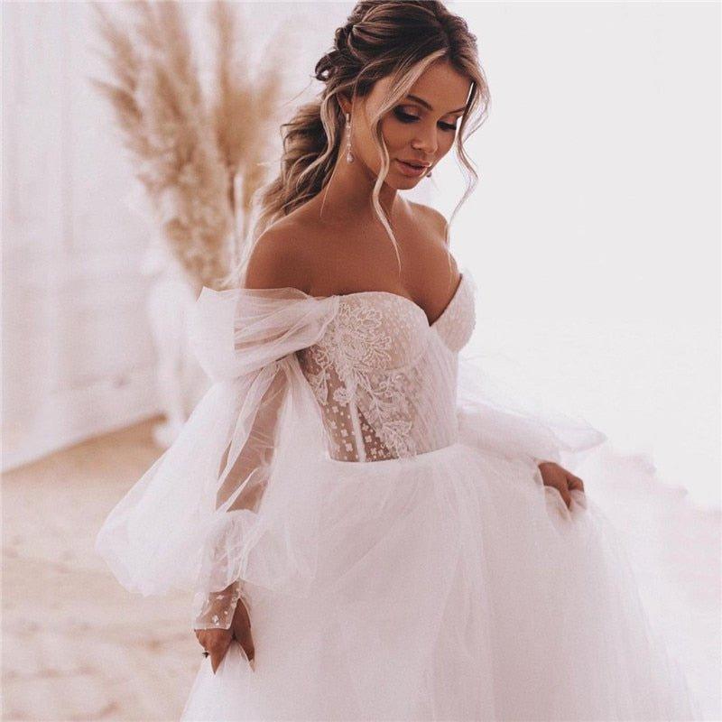 NumberSea Boho Wedding Dresses Detachable Long Puff Sleeve Bride Dress Vintage Lace Beach Wedding Gowns Plus Size Corset Back Sweet