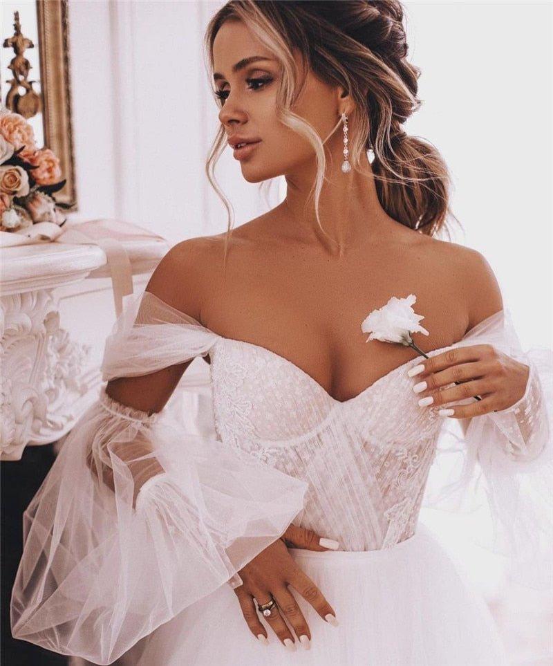 NumberSea Boho Wedding Dresses Detachable Long Puff Sleeve Bride Dress Vintage Lace Beach Wedding Gowns Plus Size Corset Back Sweet