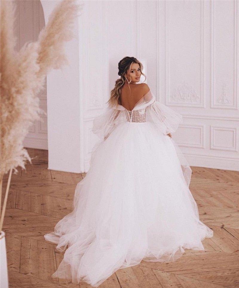 NumberSea Boho Wedding Dresses Detachable Long Puff Sleeve Bride Dress Vintage Lace Beach Wedding Gowns Plus Size Corset Back Sweet