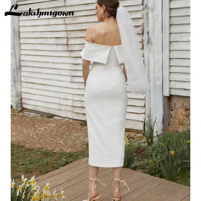 NumberSea New Arrival Simple Satin Short Wedding Dress Long Sexy Sleeve Beautiful Atmosphere Creasing Slim Wedding Gown
