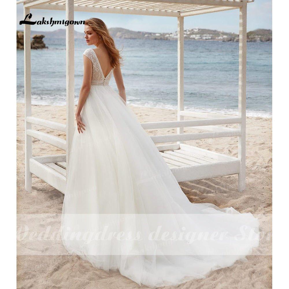 NumberSea  vestido Boho Wedding Dresses A-line Lace Bodice Off-white Tulle Beach Bridal Gown V-neck Cap Sleeves robe femme mariages