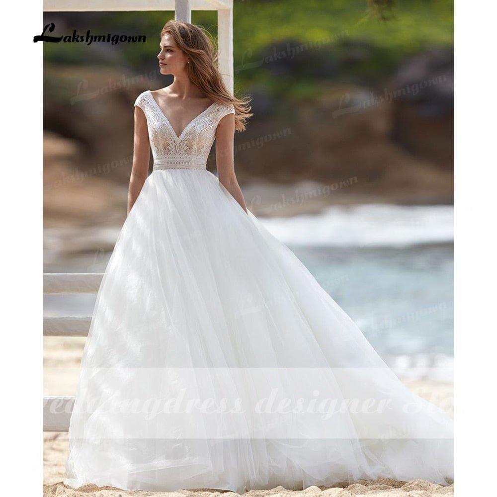 NumberSea  vestido Boho Wedding Dresses A-line Lace Bodice Off-white Tulle Beach Bridal Gown V-neck Cap Sleeves robe femme mariages