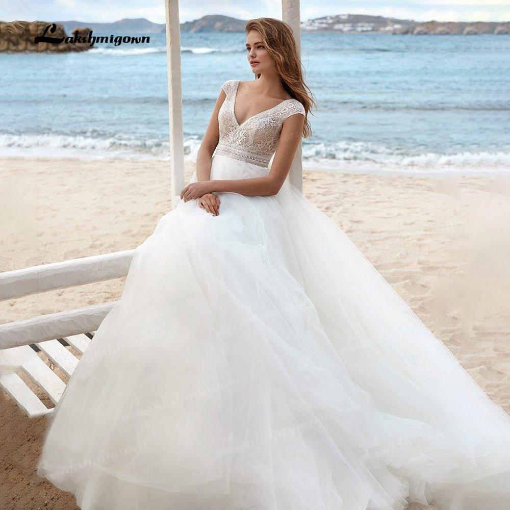 NumberSea  vestido Boho Wedding Dresses A-line Lace Bodice Off-white Tulle Beach Bridal Gown V-neck Cap Sleeves robe femme mariages