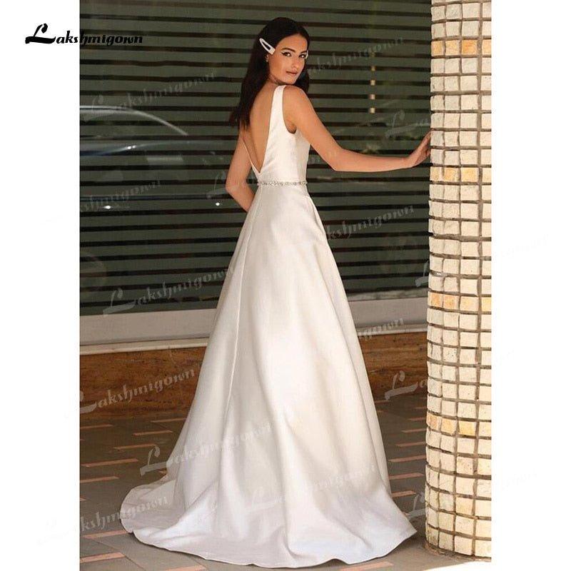NumberSea A-Line Soft Satin Wedding Dresses Beaded Sashes V-Neck Simple Sleeveless Backless Floor-Length Bridal Gown Off The Shoulder
