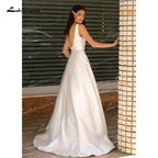NumberSea A-Line Soft Satin Wedding Dresses Beaded Sashes V-Neck Simple Sleeveless Backless Floor-Length Bridal Gown Off The Shoulder