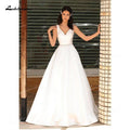 NumberSea A-Line Soft Satin Wedding Dresses Beaded Sashes V-Neck Simple Sleeveless Backless Floor-Length Bridal Gown Off The Shoulder