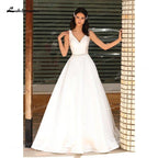NumberSea A-Line Soft Satin Wedding Dresses Beaded Sashes V-Neck Simple Sleeveless Backless Floor-Length Bridal Gown Off The Shoulder