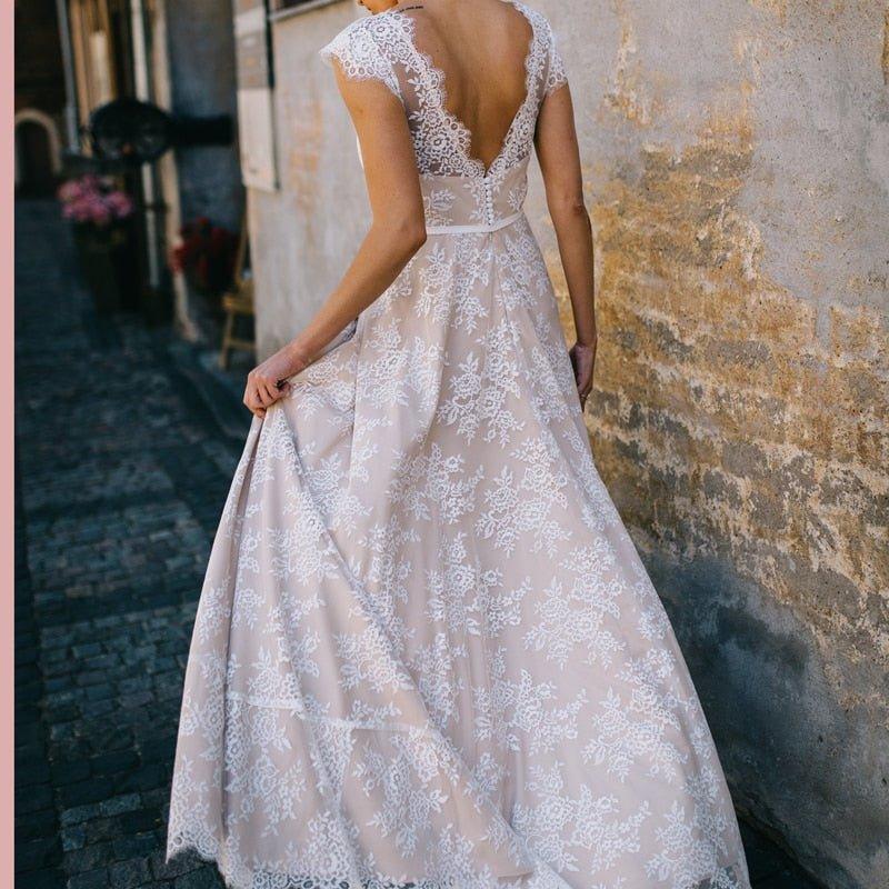NumberSea  Vintage Champagne Lace Bohemian Wedding Dress A Line Cap Sleeve