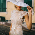 NumberSea  Vintage Champagne Lace Bohemian Wedding Dress A Line Cap Sleeve