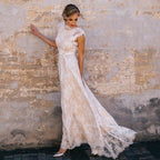 NumberSea  Vintage Champagne Lace Bohemian Wedding Dress A Line Cap Sleeve