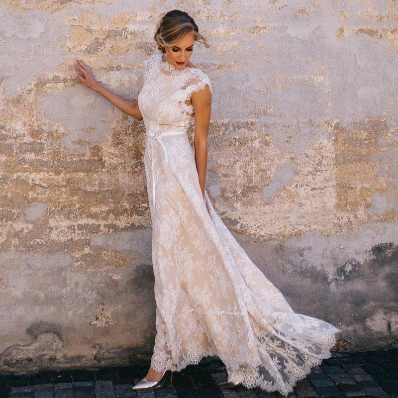 NumberSea  Vintage Champagne Lace Bohemian Wedding Dress A Line Cap Sleeve