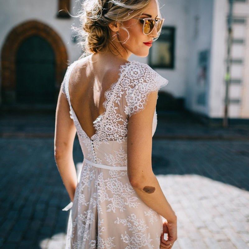 NumberSea  Vintage Champagne Lace Bohemian Wedding Dress A Line Cap Sleeve