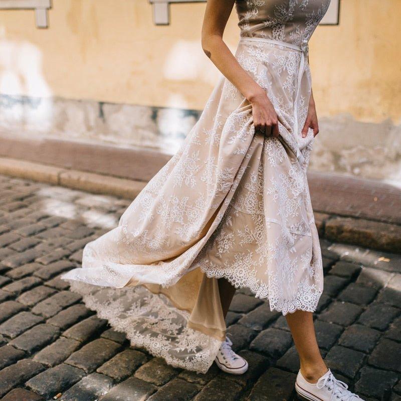 NumberSea  Vintage Champagne Lace Bohemian Wedding Dress A Line Cap Sleeve