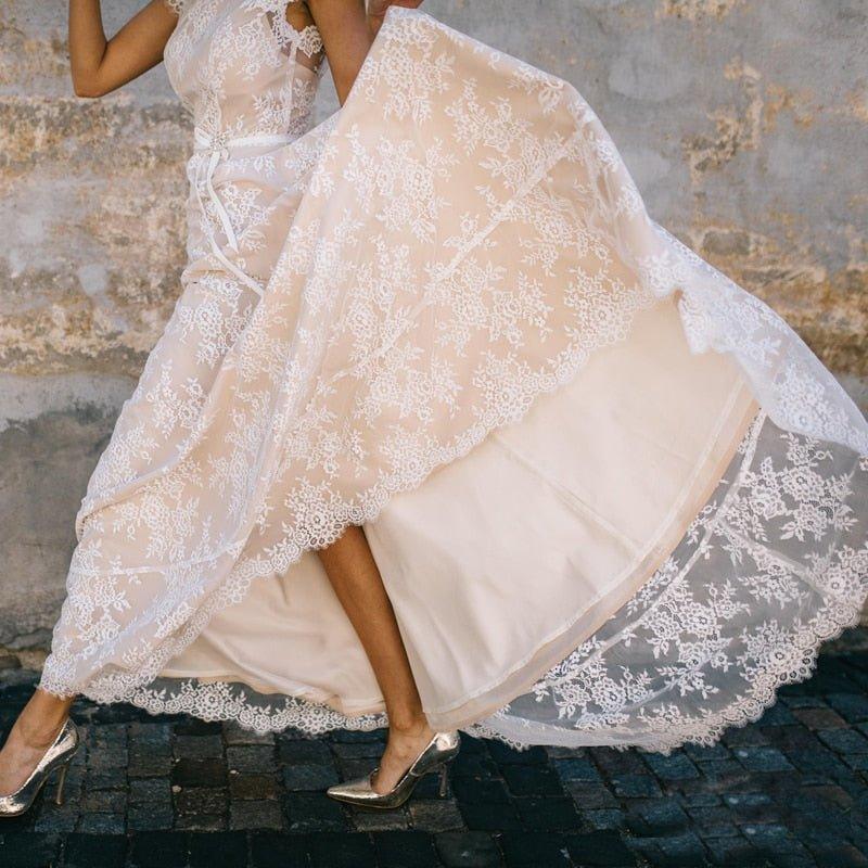 NumberSea  Vintage Champagne Lace Bohemian Wedding Dress A Line Cap Sleeve