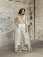 NumberSea 2025 Wedding Jumpsuit With Cape Beach Wedding Dresses V Neck Tea Length Lace Bridal Outfit Wedding Gowns