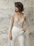 NumberSea 2025 Wedding Jumpsuit With Cape Beach Wedding Dresses V Neck Tea Length Lace Bridal Outfit Wedding Gowns