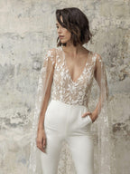 NumberSea 2025 Wedding Jumpsuit With Cape Beach Wedding Dresses V Neck Tea Length Lace Bridal Outfit Wedding Gowns