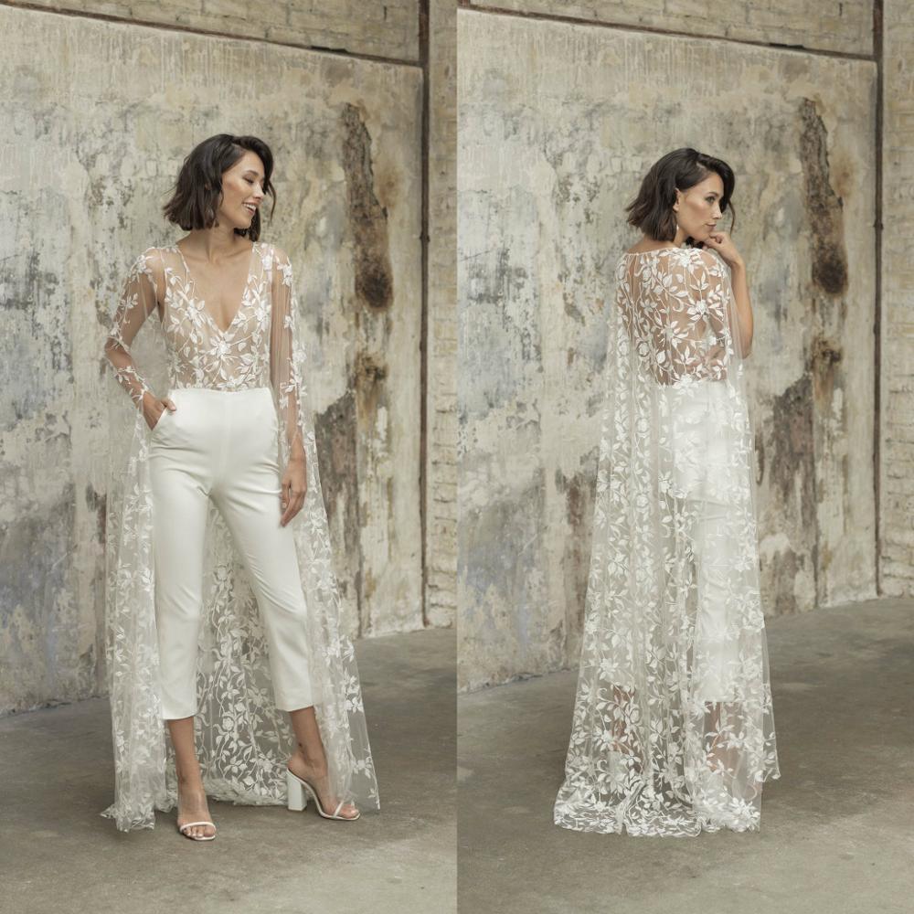 NumberSea 2025 Wedding Jumpsuit With Cape Beach Wedding Dresses V Neck Tea Length Lace Bridal Outfit Wedding Gowns