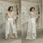 NumberSea 2025 Wedding Jumpsuit With Cape Beach Wedding Dresses V Neck Tea Length Lace Bridal Outfit Wedding Gowns
