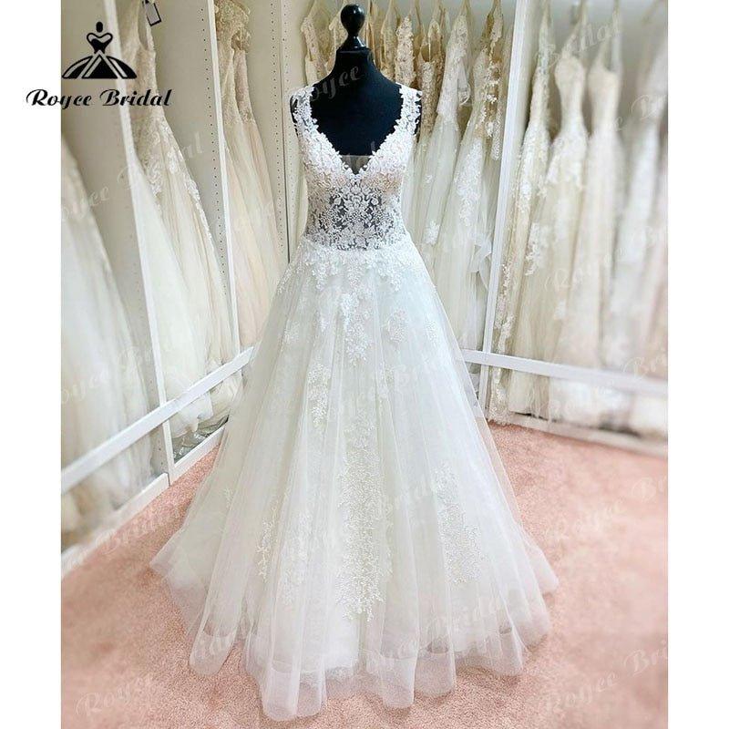 NumberSea 2025 Robe Mariee A Line Wedding Dress V Neck Lace Applique Backless Court Tank Bridal Gown vestido de noiva praiano Custom Made