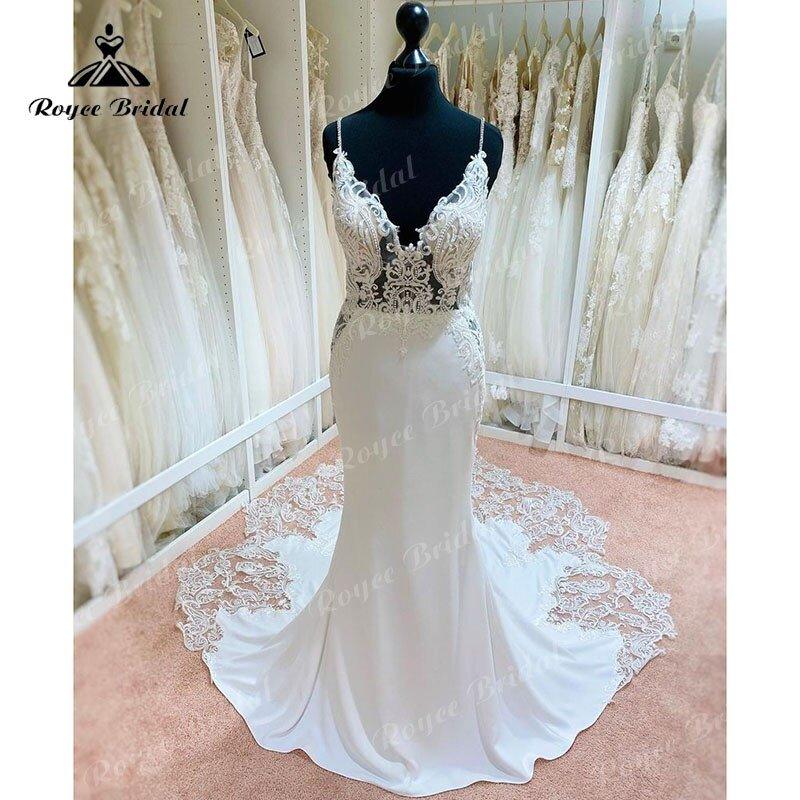 NumberSea 2025 Sexy Mermaid/Trumpet Lace Boho Backless Soft Satin Wedding Dress with V Neck Spaghetti Straps Wedding Gown vestido de boda