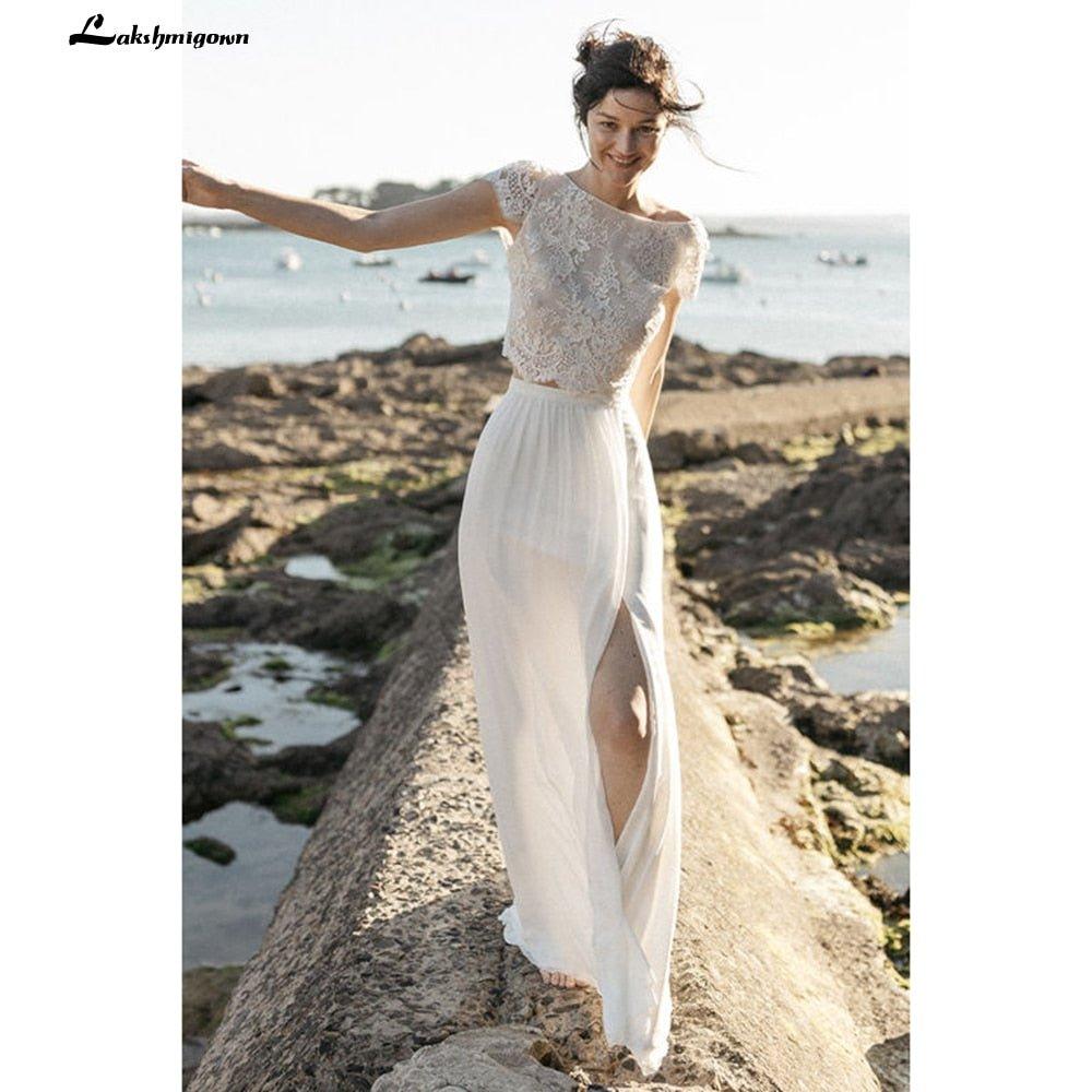 NumberSea Pieces High Split Lace Top Chiffon Wedding Dress O Neck Short Sleeve Bridal Gowns robe de soirée de mariage Lakshmigown