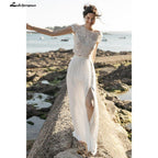 NumberSea Pieces High Split Lace Top Chiffon Wedding Dress O Neck Short Sleeve Bridal Gowns robe de soirée de mariage Lakshmigown