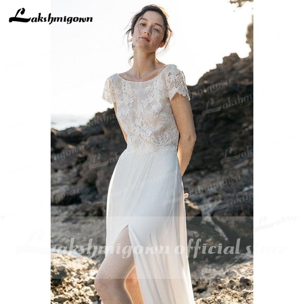 NumberSea Pieces High Split Lace Top Chiffon Wedding Dress O Neck Short Sleeve Bridal Gowns robe de soirée de mariage Lakshmigown